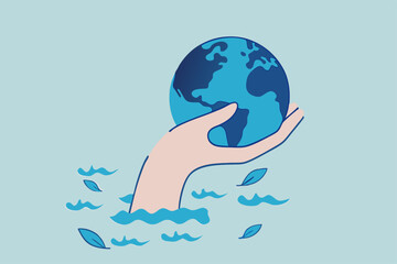 Save the world from climate change and global warming problem, protect our planet from melting ice flood or disaster concept, hand tendering holding world or globe above climate flood ocean.