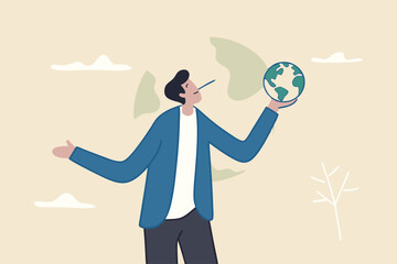 World leader climate change failure, liar cannot keep promise or reduce pollution green house effect, global warming issue concept, businessman politician Pinocchio nose lying about saving the world.