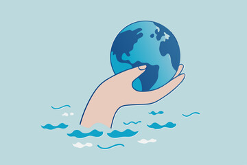 Save the world from climate change and global warming problem, protect our planet from melting ice flood or disaster concept, hand tendering holding world or globe above climate flood ocean.