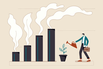 Climate crisis and environment policy, ESG or ecology problem concept, businessman leader watering seedling plant on bar graph with pollution smoke rising up.