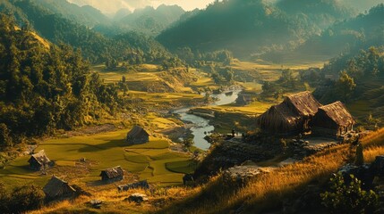 Traditional Asian Village on Riverbank, Lush Landscape, Scenic Mountain View, Cultural Heritage, Tranquil Scene, Detailed Illustration.