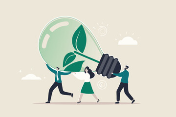 Sustainability, ESG, eco environment friendly or clean energy solution, green renewable power, reuse or recycle ecosystem, green corporate concept, people employees carry ESG, sustainable lightbulb.