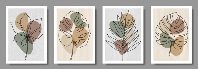 Set of abstract leaves and earth tone geometric shapes for interior. Modern wall decoration collection design for poster, cover, card. Leaves in hand drawn. Artistic template. One line drawing.