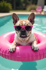 Funny French Bulldog dog swimming on a pink water lap in the pool. Summer days, vacation with a pet. Bulldog in sunglasses.	
