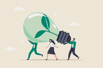 Sustainability, ESG, eco environment friendly or clean energy solution, green renewable power, reuse or recycle ecosystem, green corporate concept, people employees carry ESG, sustainable lightbulb.