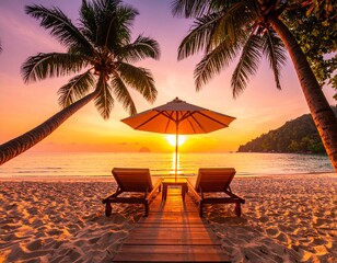 Wakacyjne, tropikalne tło z palmami, leżakami, parasolem i zachodem słońca na plaży