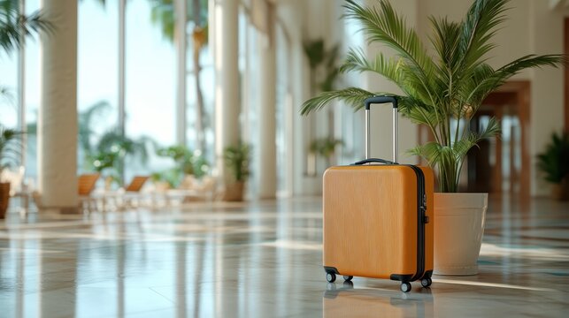 An eye-catching orange suitcase stands proudly in a luxurious hotel lobby, surrounded by towering palm trees and gleaming marble floors for an inviting travel vibe.
