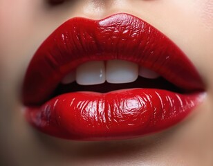 Obraz premium Close-up of female red lips. Beautiful girl model shows perfect bright lipstick make-up. Sensual mouth, glossy lip, white teeth. Glamour beauty concept for cosmetics.