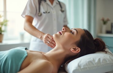 Obraz premium Female patient receiving neck massage in medical center. Therapist performs professional healthcare treatment. Patient relaxes during physiotherapy. Wellness, health care concept.