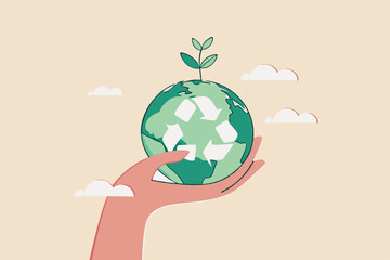 Sustainability, ecology or renewable energy to save the world from climate change or global warming, environmental safe or recycle concept, hand holding sustainable green world with recycle symbol.