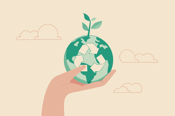 Sustainability, ecology or renewable energy to save the world from climate change or global warming, environmental safe or recycle concept, hand holding sustainable green world with recycle symbol.