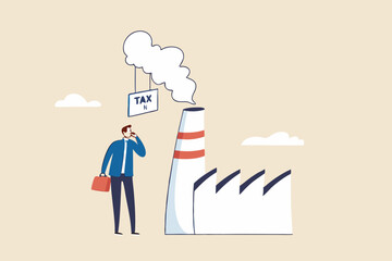Carbon tax, CO2 cost of emission or pollution, charged for global warming, climate change and environment responsibility, businessman looking at tax charged price tax on smoke from factory chimney.