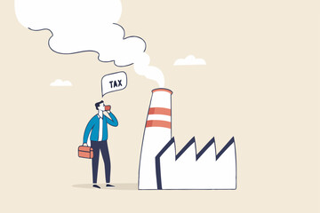 Carbon tax, CO2 cost of emission or pollution, charged for global warming, climate change and environment responsibility, businessman looking at tax charged price tax on smoke from factory chimney.