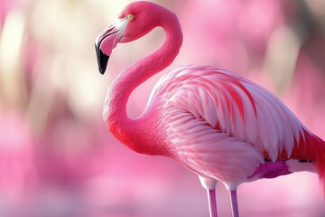 Fototapeta premium Pink flamingo, elegant pose, soft bokeh background