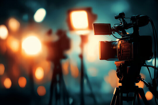 Filming with Professional Camera on Set Under Bright Lights, motion blur Business concept, motion bokeh background