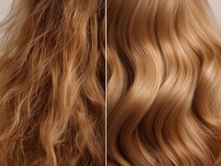 Fototapeta premium A split-screen close-up of long waves female hair: one side extremely dry, frizzy, dull, with visible damage the other side perfectly smooth, shiny, healthy, and silky, high gloss texture.