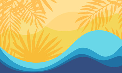 Trendy floral yellow blue wave summer tropical background with orange tropical palm leaves. Minimal sea beach creative flat design. Vector illustration with place for text