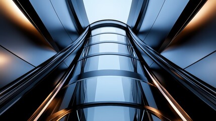 An artistic perspective of a sleek, transparent elevator, showcasing modern architectural design principles, light, and innovation in a minimalist urban environment.
