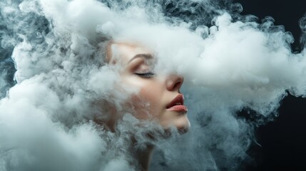 A striking portrait of a woman with beautiful hair partially hidden by a cloud of soft smoke, creating a surreal and dreamlike ambiance that evokes intrigue and allure.
