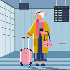 Elderly woman at the airport or train station. Woman with a valise. Tourism, travel, trip. Active old age, solo travel. Flat style. Vector illustration.