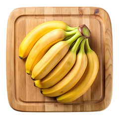 Overhead shot of a bunch of bananas arranged beautifully on a wooden board