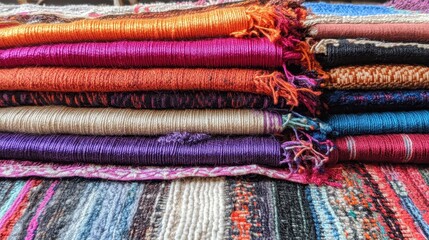 Close-up of Handwoven Colorful Wool Rug on Loom, Traditional Craftsmanship, Textile Production, Detailed Texture.