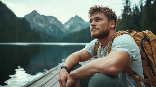 A thoughtful man with a backpack sits by a tranquil lake, immersed in the beauty of nature, reflecting on life’s journey amidst stunning mountain scenery and serene waters.