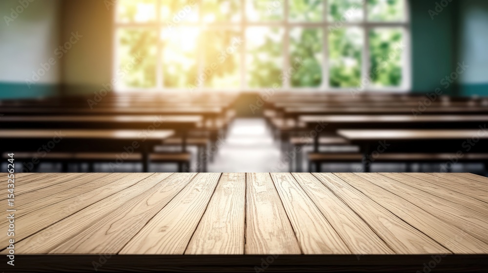 Aufkleber wooden table with blurred classroom background, sunlight streaming through large windows creating a 