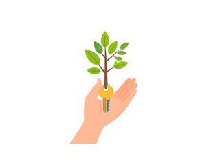 Hand holding a key with a tree growing from it symbolizing growth and opportunity.