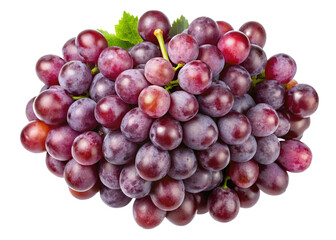 Fototapeta premium A luscious cluster of red grapes with green leaves isolated on white