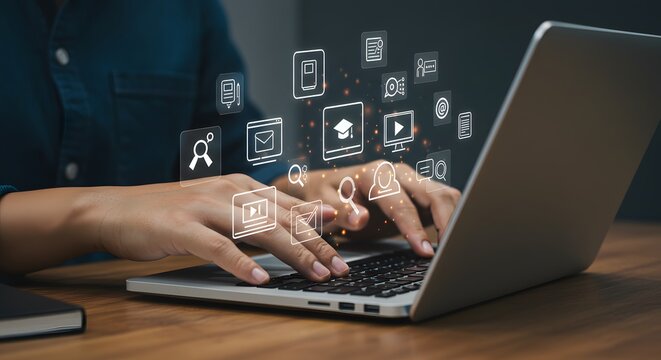 Person using laptop with digital media icons online education technology internet communication work