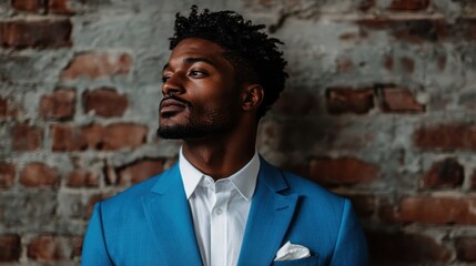 A stylish man wearing a blue suit stands confidently against a rustic brick wall, exuding sophistication, charisma, and modern elegance in a fashionable and urban setting.