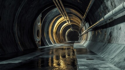 Illuminated Tunnel Entrance Carved into Rock Face Reflecting in Still Water, Dramatic Landscape, Geological Formation, Scenic View.