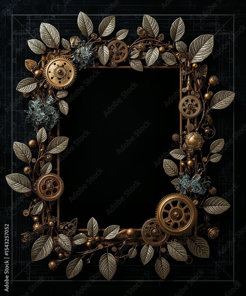 Poster ornate frame with golden leaves and gears in a steampunk style against a dark background design elem
