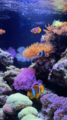 Vibrant Coral Reef Ecosystem: Colorful Fish Swim Amongst Lush Coral and Marine Plants in a Tropical Underwater Scene.