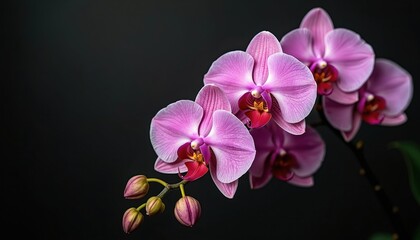 Elegant orchid flowers on black background. Beautiful blooming phalaenopsis plants with pink petals, green stems. Floral arrangement ideal for greeting card, botanical design, wedding invitation,