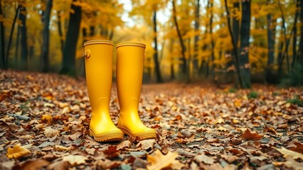Yellow boots stand on an autumn litter of dry leaves. A walk in the forest in a warm natural palette. A great image for the theme of hiking, nature and coziness.