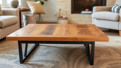 Stylish table made of natural wood and durable metal creates an accent in the room. Ideal for advertising furniture and interiors. Modern combination of textures and shapes.