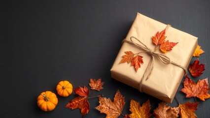 A fall gift in kraft paper with decorative pumpkins and leaves. The dark background emphasizes warm shades. Ideal for Thanksgiving or hand-made designs.