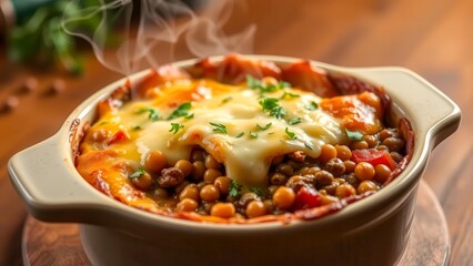 A fragrant shepherd's pie with crust, lentils, chickpeas and melted cheese served in a ceramic bowl. A home-cooked hot dish with spicy herbs. Traditional comfort food.