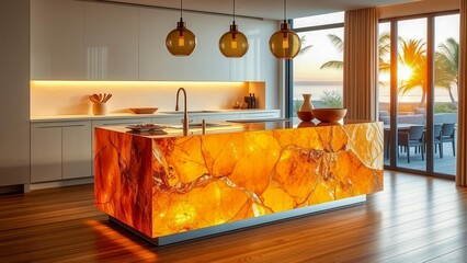 The citrine kitchen island shines with golden hues. The backlighting emphasizes the inner glow of the stone. The interior is complemented by amber lamps and gold dishes.