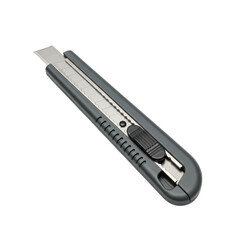 Closed 6-7 inch dark gray matte plastic utility knife with textured grip, metallic silver blade housing, fully retracted sharp blade, presented in a 3/4 view on a pristine transparent isolated studio