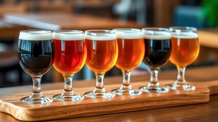 A set of tasting beers on a wooden stand with dark and light varieties. An atmosphere of coziness and taste. Ideal for advertising bars and craft drinks.