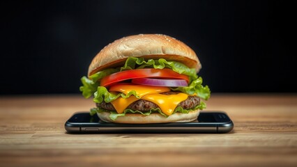 A juicy burger with melted cheese and fresh vegetables stands on the smartphone screen. Every detail is emphasized by lighting. Dark background.