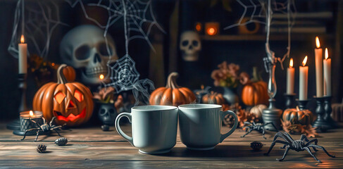 Atmospheric still life with pumpkins and coffee cups in a Halloween theme. Warm light, autumn palette and mysterious presentation. Perfect for seasonal advertising and postcards.