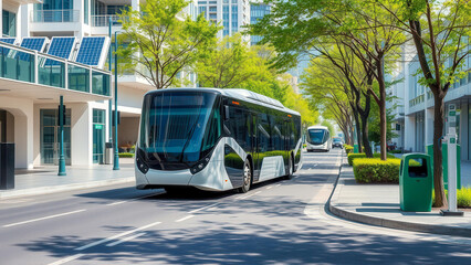 A futuristic electric bus drives through the streets of a smart city. The image emphasizes eco-friendly transport and technological development.