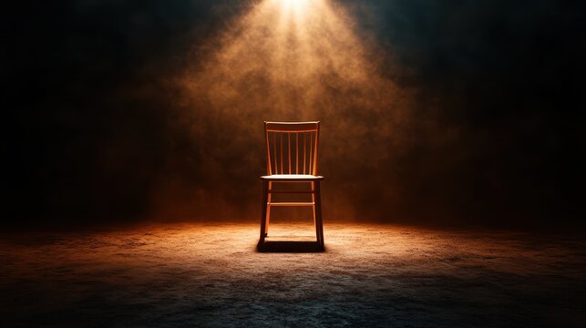 This image features a solitary wooden chair illuminated by a spotlight against a dark background, evoking feelings of solitude and contemplation in a dramatic setting.