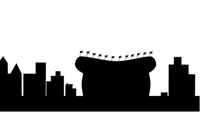 Stadium and City Silhouette Vector – Urban Skyline with Sports Arena in Black Outline, Perfect for Event Posters, Team Graphics, and Sports Marketing Designs