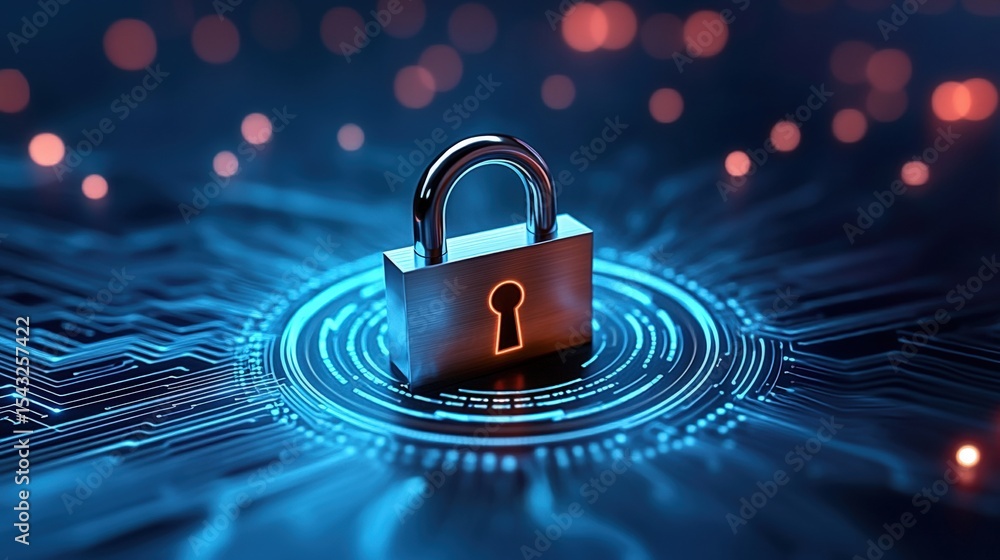 Poster a metallic padlock sits on a glowing digital circuit board, symbolizing cybersecurity and data prote