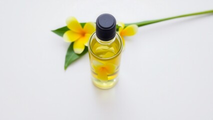 Bottle of essential oil with yellow plumeria flowers and green leaves on white background. Aromatherapy, natural care and relaxation concept. Ideal for spa design.